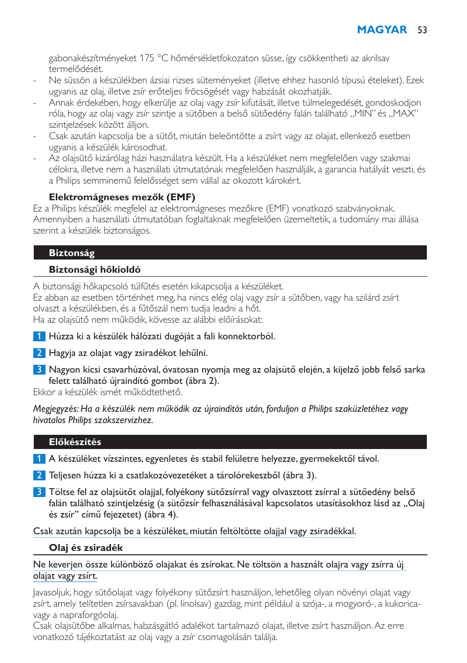 Elektromágneses mezők (emf), Biztonság, Biztonsági hőkioldó | Előkészítés, Olaj és zsiradék | Philips HD6180 User Manual | Page 53 / 168