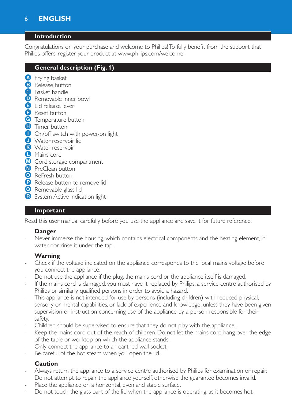 English, Introduction, General description (fig. 1) | Important, Danger, Warning, Caution | Philips HD6180 User Manual | Page 6 / 168