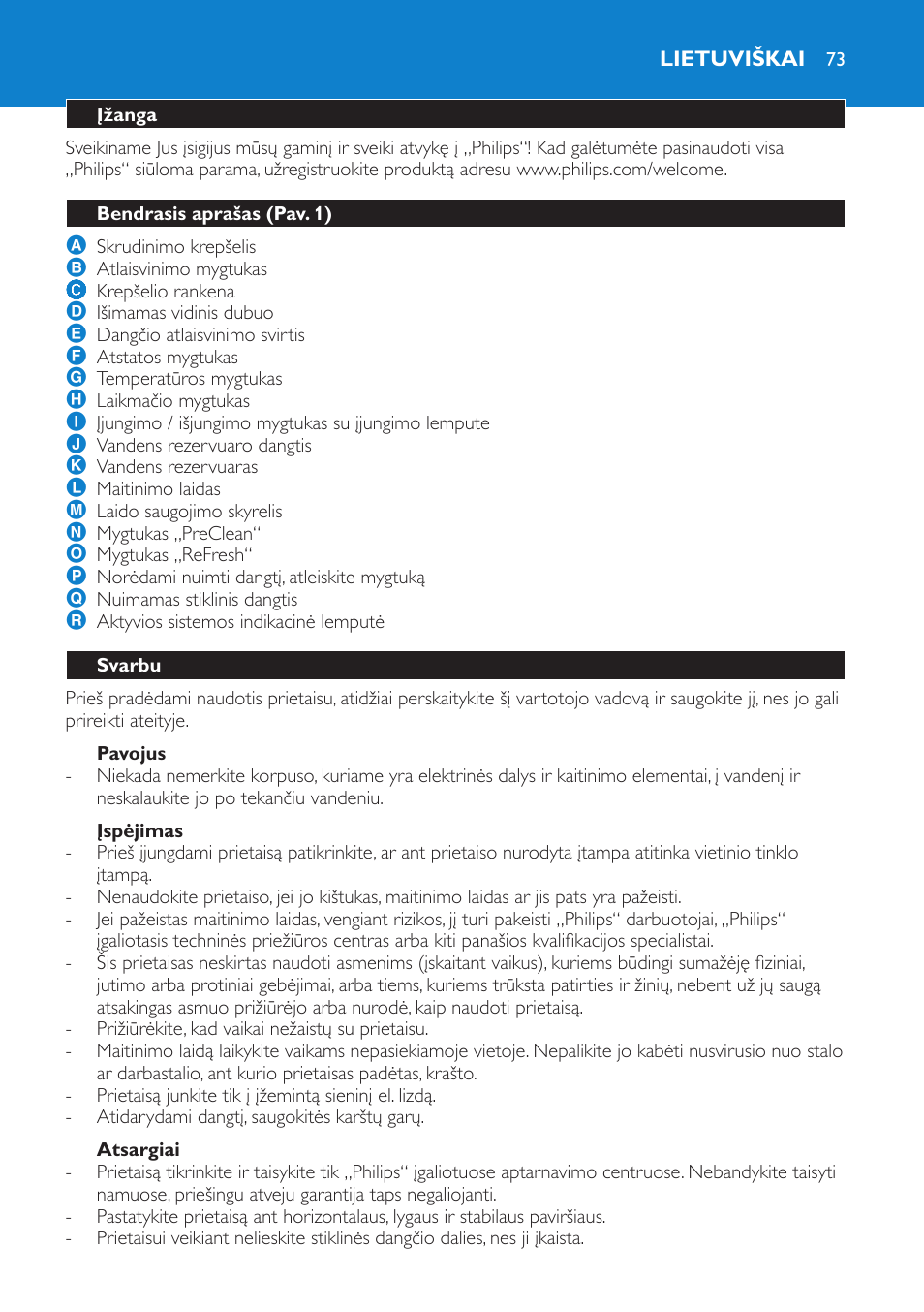 Pavojus, Įspėjimas, Atsargiai | Lietuviškai, Įžanga, Bendrasis aprašas (pav. 1), Svarbu | Philips HD6180 User Manual | Page 73 / 168