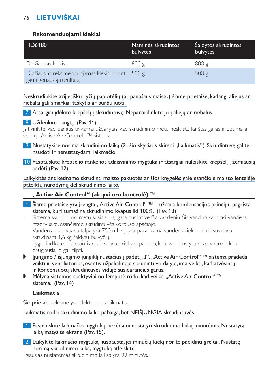 Rekomenduojami kiekiai, Active air control“ (aktyvi oro kontrolė), Laikmatis | Philips HD6180 User Manual | Page 76 / 168