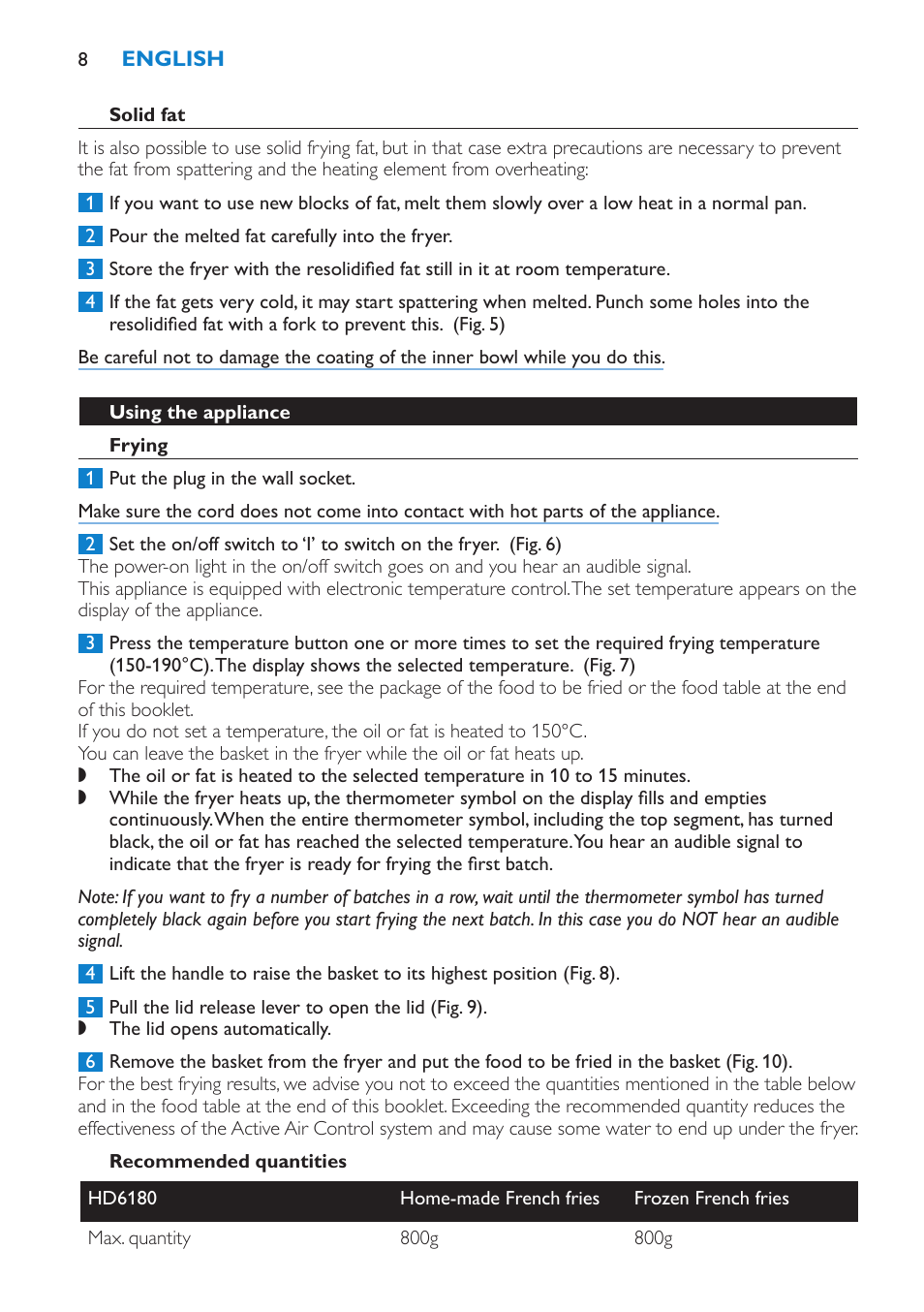 Solid fat, Using the appliance, Frying | Recommended quantities | Philips HD6180 User Manual | Page 8 / 168