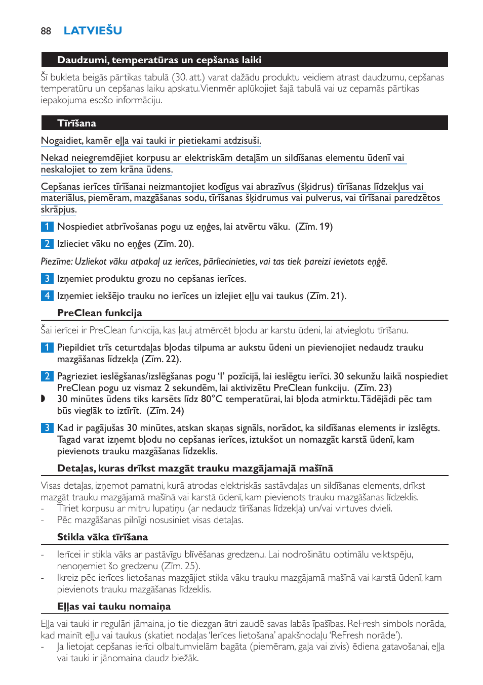 Tīrīšana, Preclean funkcija, Stikla vāka tīrīšana | Eļļas vai tauku nomaiņa | Philips HD6180 User Manual | Page 88 / 168