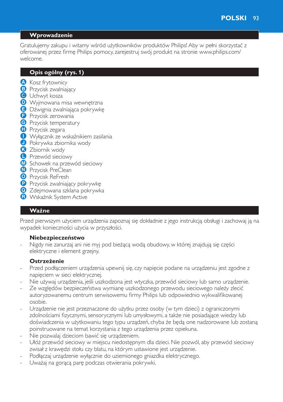 Niebezpieczeństwo, Ostrzeżenie, Polski | Wprowadzenie, Opis ogólny (rys. 1), Ważne | Philips HD6180 User Manual | Page 93 / 168