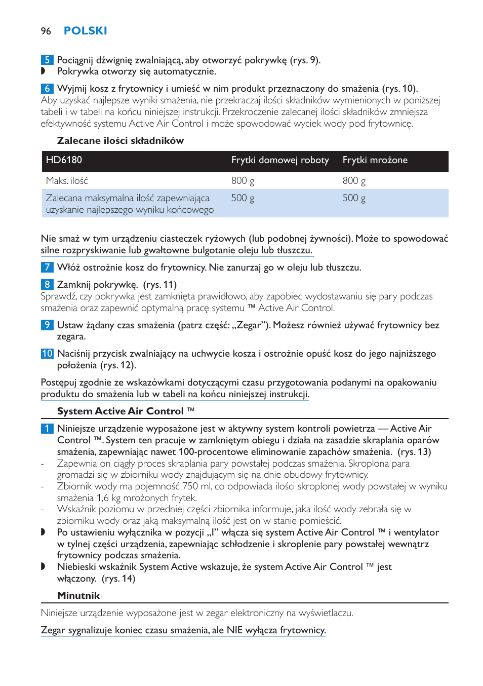 Zalecane ilości składników, System active air control, Minutnik | Philips HD6180 User Manual | Page 96 / 168