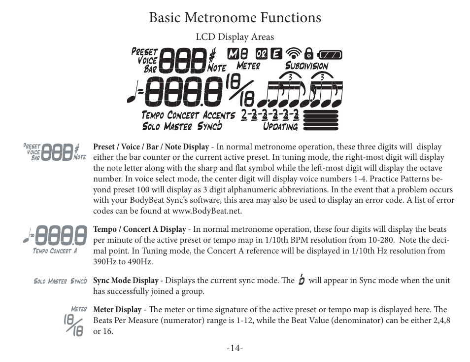 Basic metronome functions | Peterson BBS-1 BodyBeat Sync User Manual | Page 14 / 36