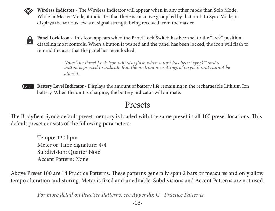 Presets | Peterson BBS-1 BodyBeat Sync User Manual | Page 16 / 36