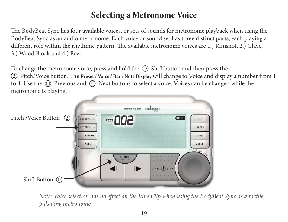 Selecting a metronome voice | Peterson BBS-1 BodyBeat Sync User Manual | Page 19 / 36