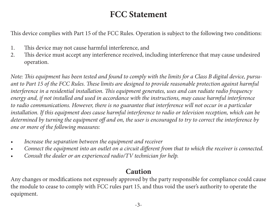 Fcc statement, Caution | Peterson BBS-1 BodyBeat Sync User Manual | Page 3 / 36