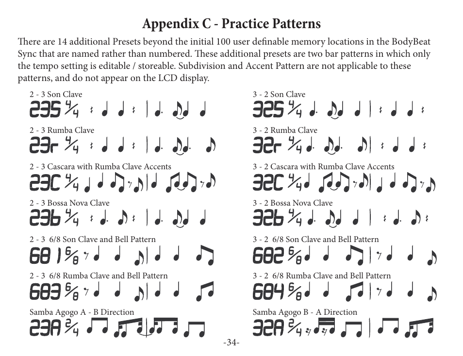 Appendix c - practice patterns | Peterson BBS-1 BodyBeat Sync User Manual | Page 34 / 36