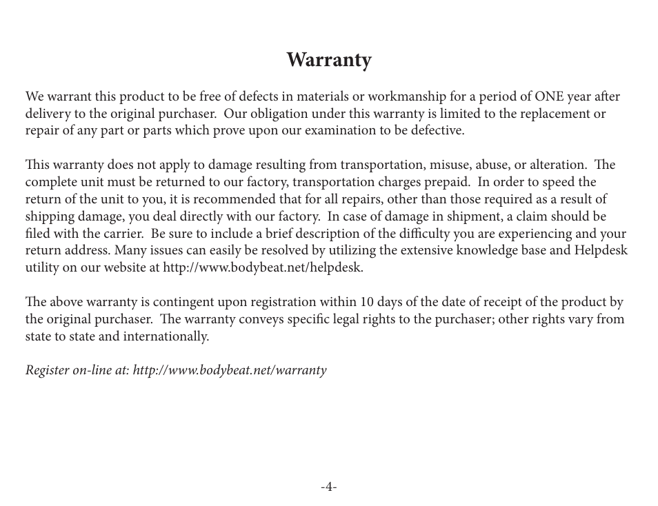 Warranty | Peterson BBS-1 BodyBeat Sync User Manual | Page 4 / 36