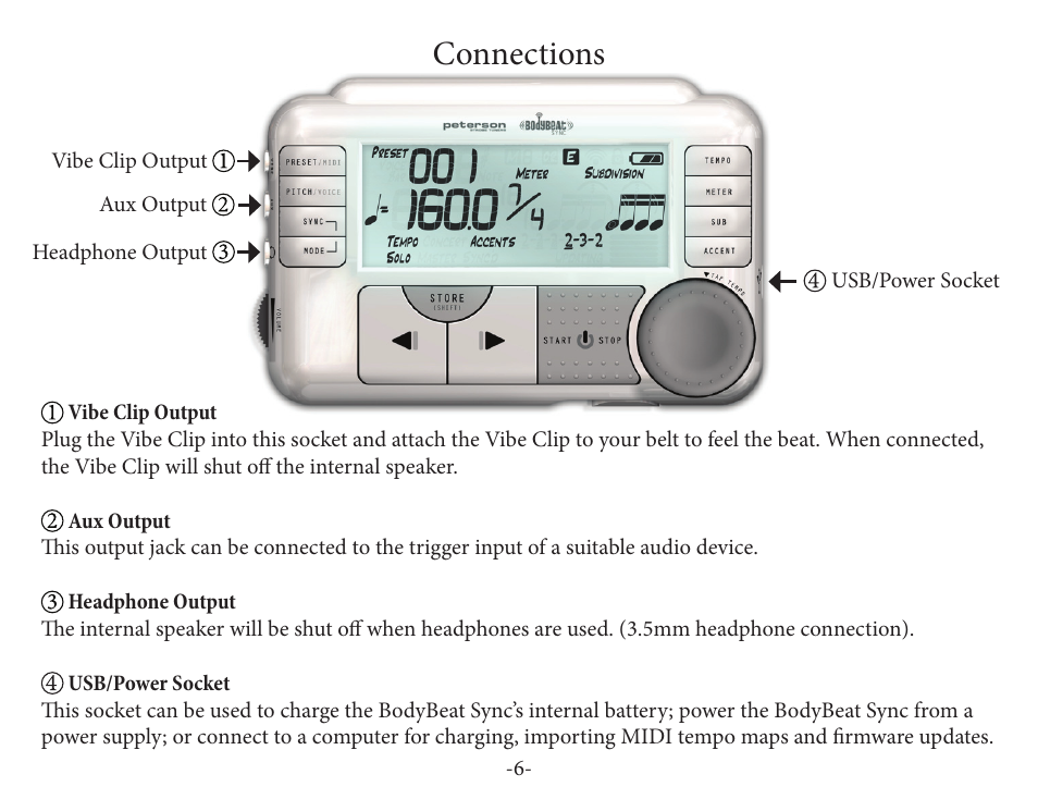 Connections | Peterson BBS-1 BodyBeat Sync User Manual | Page 6 / 36