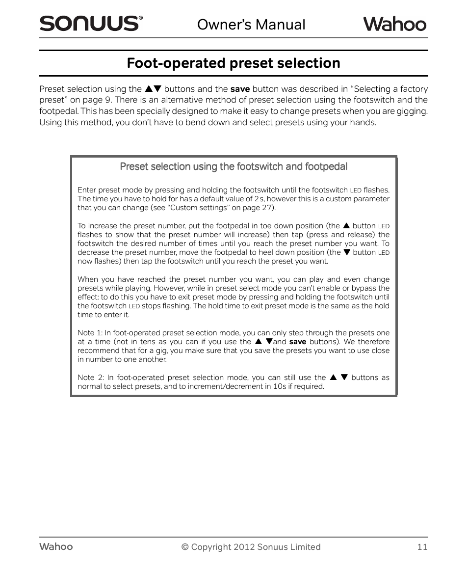 Owner’s manual, Foot-operated preset selection, Wahoo | Peterson Sonuus Wahoo User Manual | Page 11 / 32