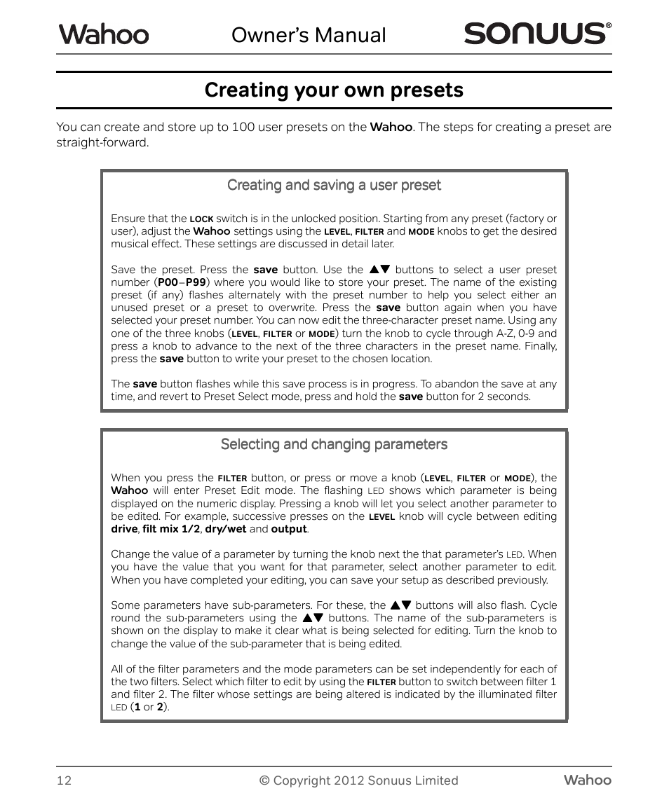 Owner’s manual, Creating your own presets, Wahoo | Creating and saving a user preset, Selecting and changing parameters | Peterson Sonuus Wahoo User Manual | Page 12 / 32