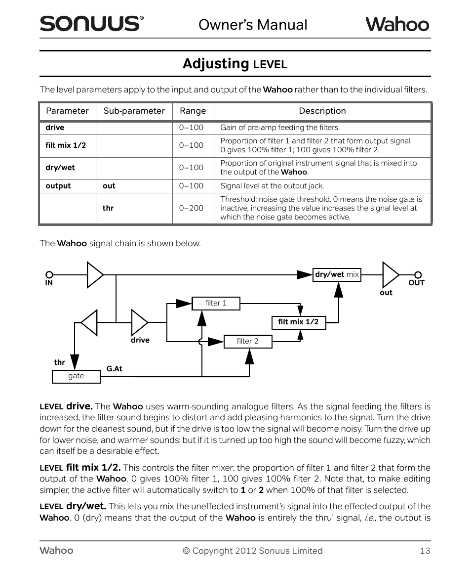 Owner’s manual, Adjusting, Level | Peterson Sonuus Wahoo User Manual | Page 13 / 32