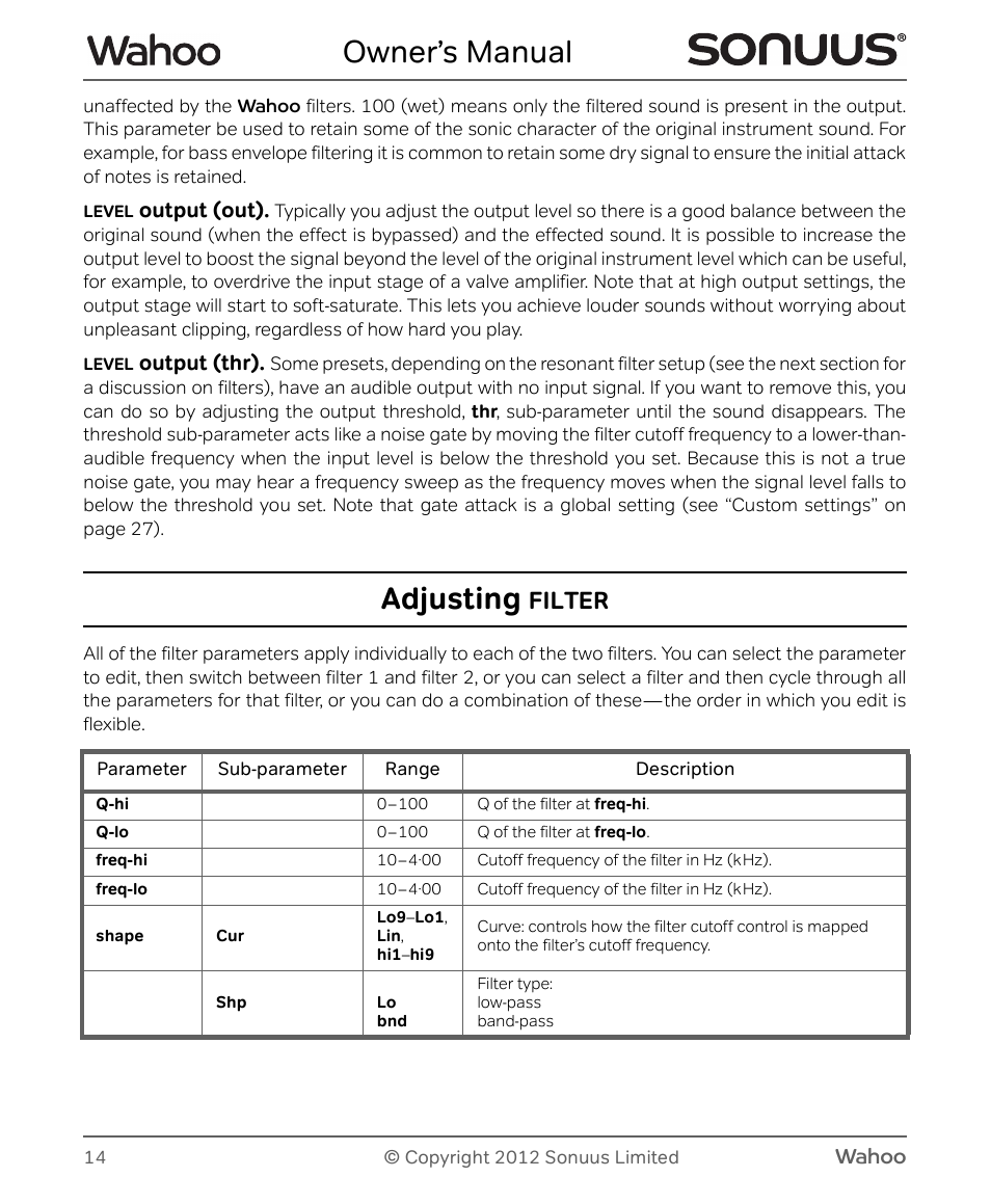 Owner’s manual, Adjusting, Filter | Peterson Sonuus Wahoo User Manual | Page 14 / 32