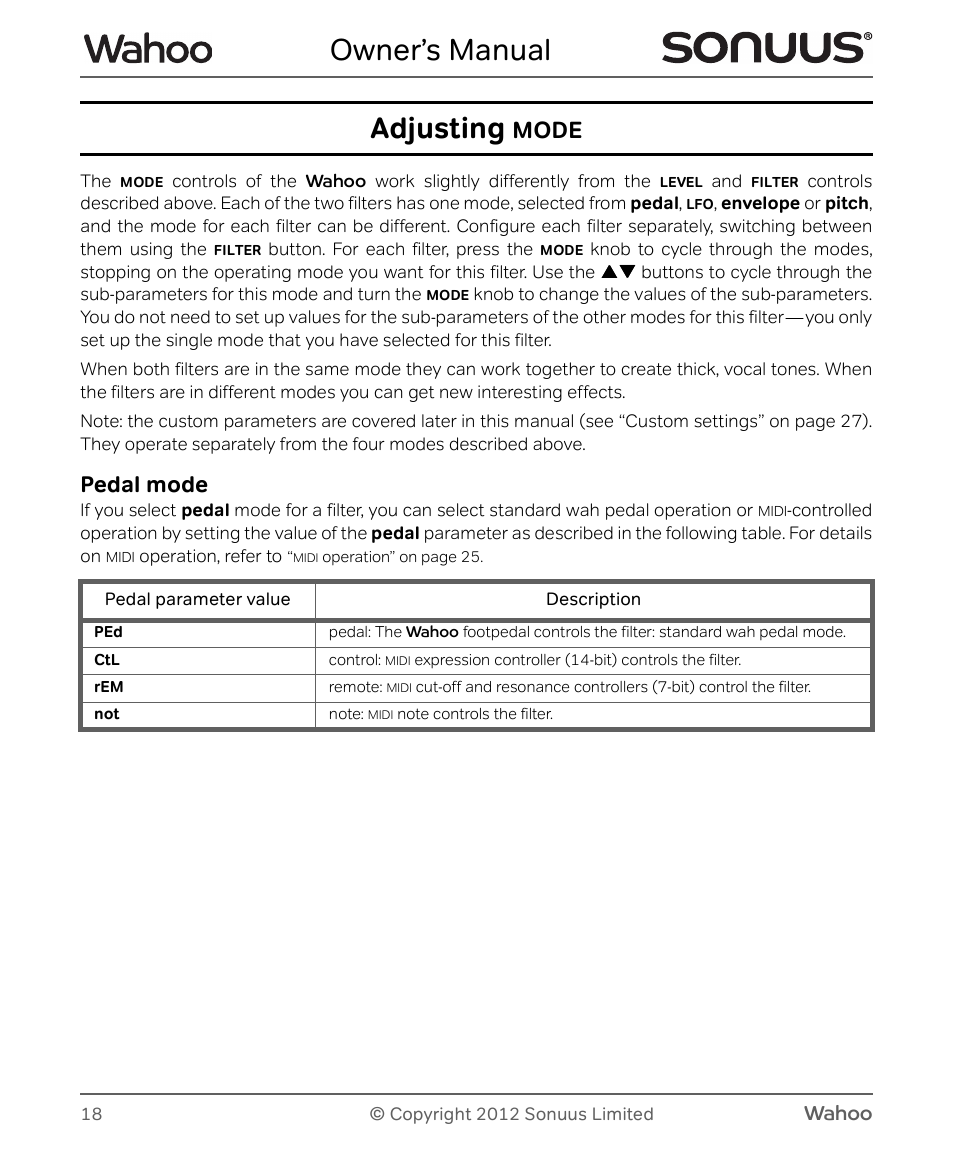 Owner’s manual, Adjusting, Mode | Pedal mode, Wahoo | Peterson Sonuus Wahoo User Manual | Page 18 / 32