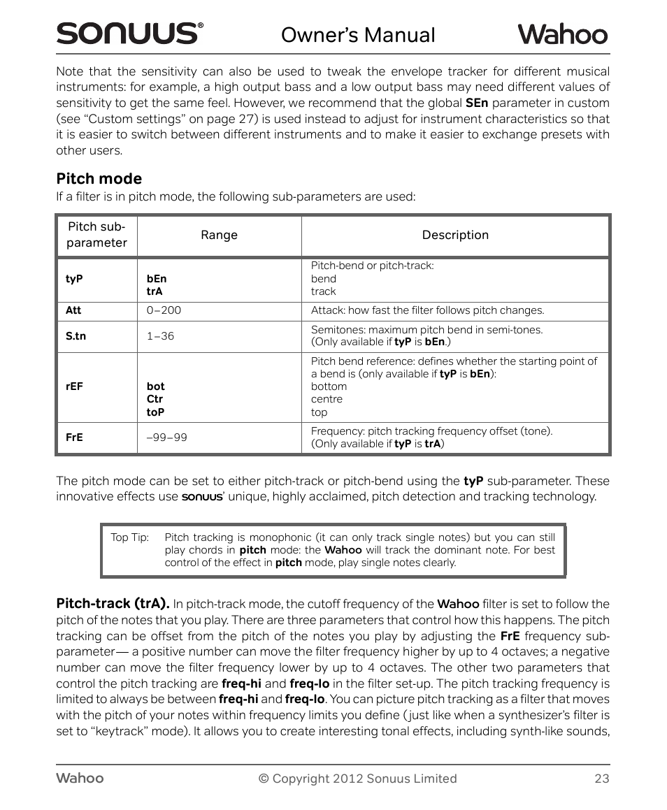 Owner’s manual, Pitch mode, Wahoo | Pitch-track (tra) | Peterson Sonuus Wahoo User Manual | Page 23 / 32