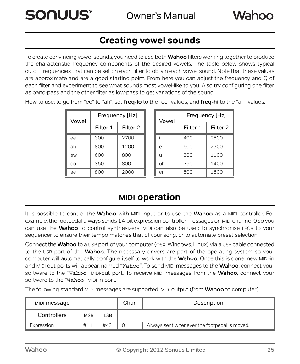 Owner’s manual, Creating vowel sounds, Operation | Midi, Wahoo | Peterson Sonuus Wahoo User Manual | Page 25 / 32