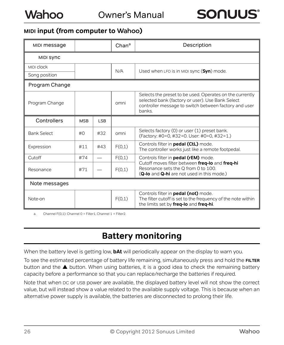 Owner’s manual, Battery monitoring, Input (from computer to wahoo ) | Wahoo | Peterson Sonuus Wahoo User Manual | Page 26 / 32