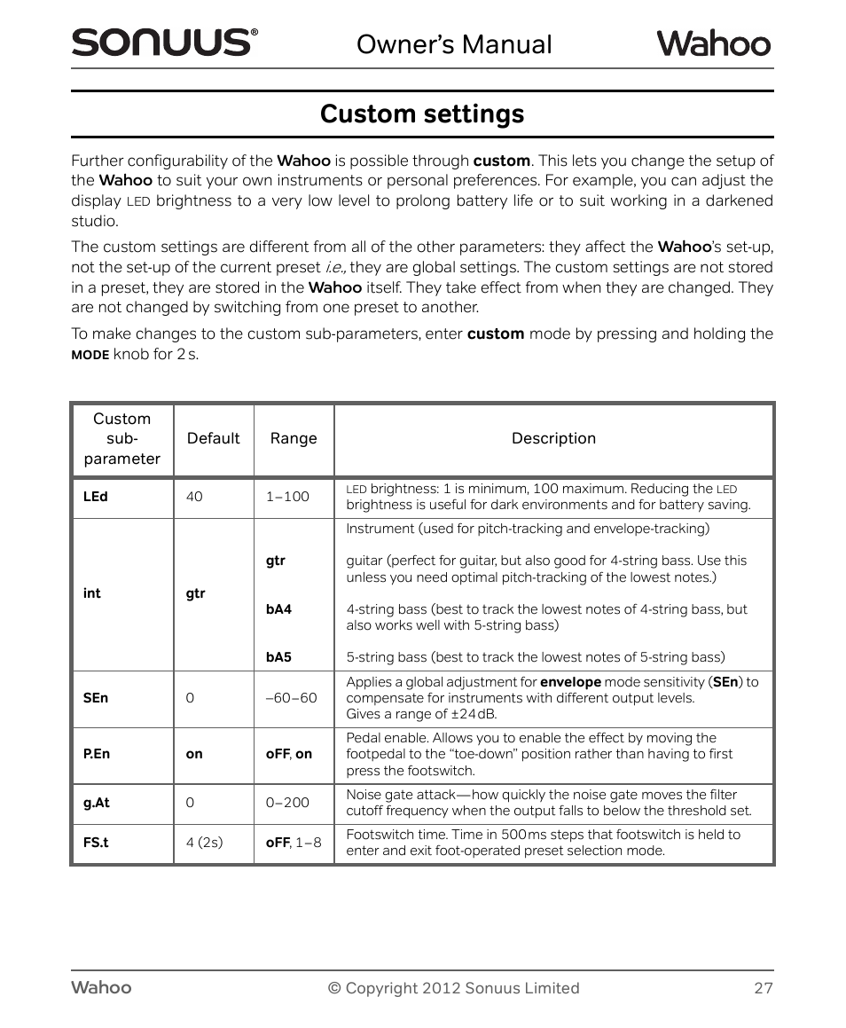 Owner’s manual, Custom settings, Wahoo | Peterson Sonuus Wahoo User Manual | Page 27 / 32