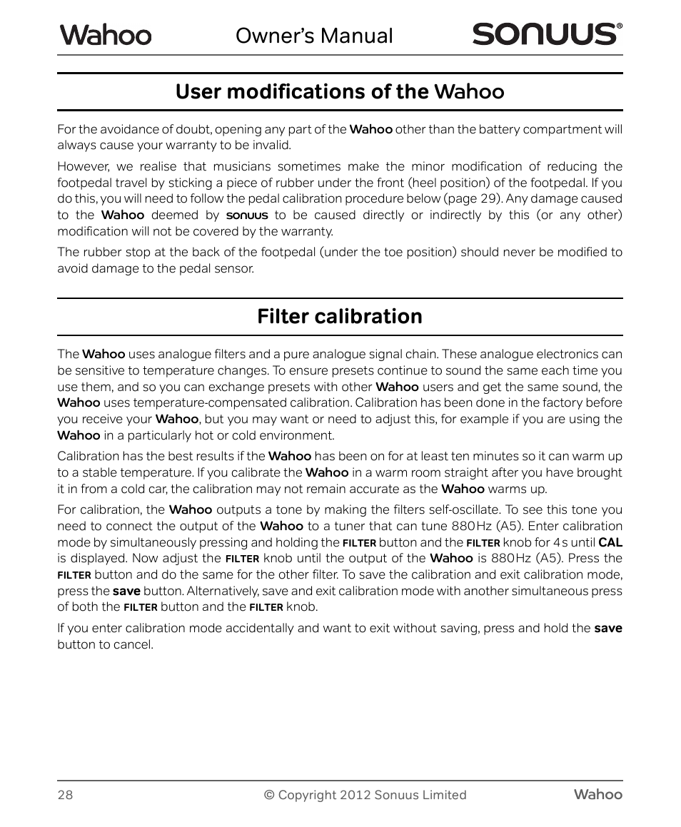 Owner’s manual, User modifications of the wahoo, Filter calibration | Peterson Sonuus Wahoo User Manual | Page 28 / 32