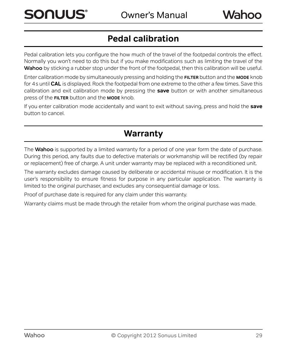 Owner’s manual, Pedal calibration, Warranty | Peterson Sonuus Wahoo User Manual | Page 29 / 32