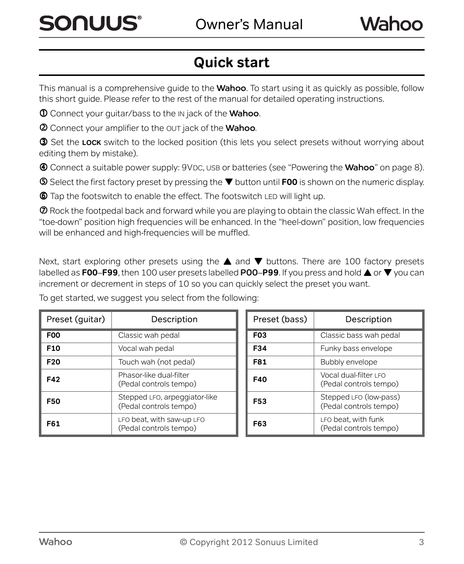 Owner’s manual, Quick start | Peterson Sonuus Wahoo User Manual | Page 3 / 32