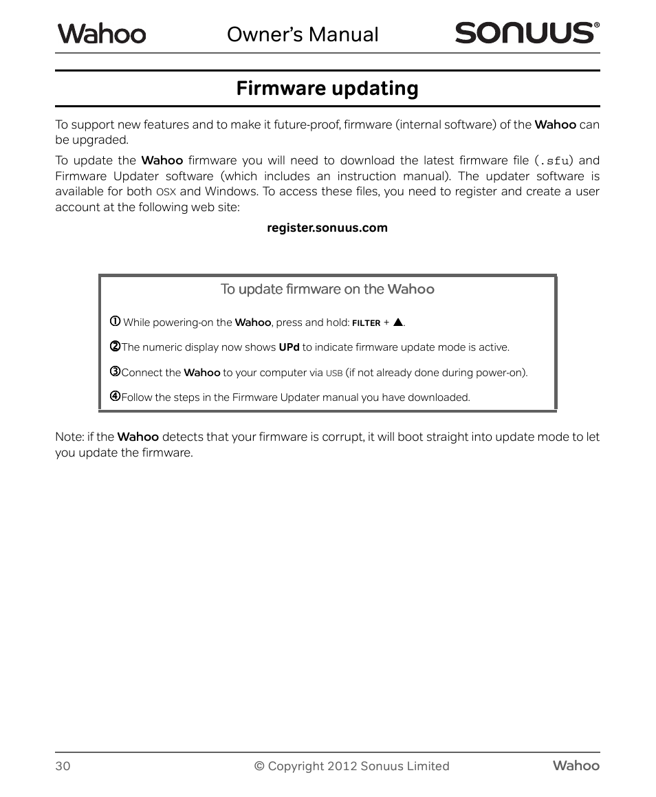 Owner’s manual, Firmware updating | Peterson Sonuus Wahoo User Manual | Page 30 / 32