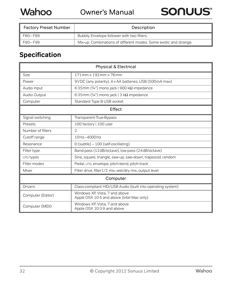 Owner’s manual, Specification, Wahoo | Peterson Sonuus Wahoo User Manual | Page 32 / 32