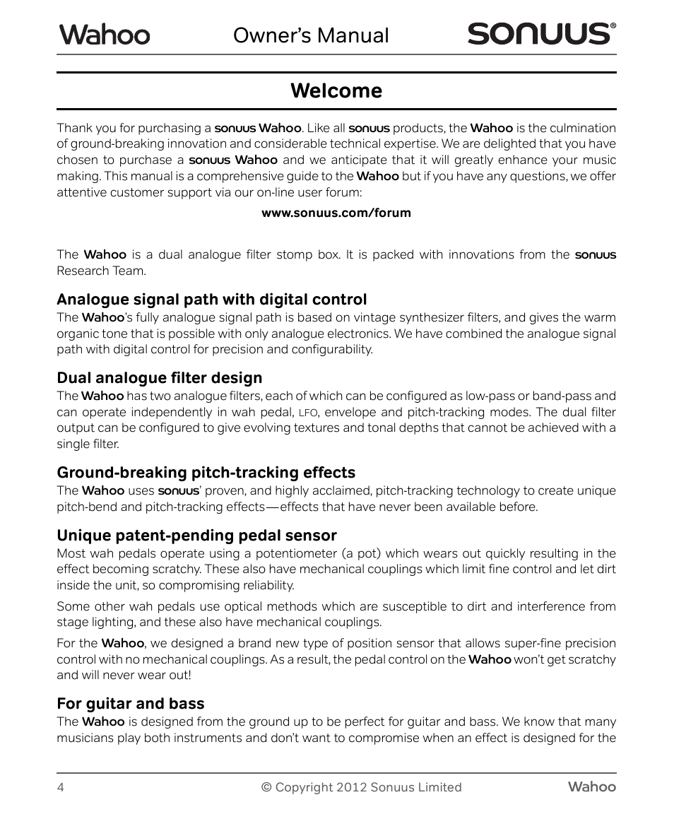 Owner’s manual, Welcome | Peterson Sonuus Wahoo User Manual | Page 4 / 32