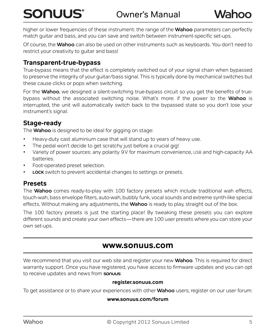 Owner’s manual, Transparent-true-bypass, Stage-ready | Presets | Peterson Sonuus Wahoo User Manual | Page 5 / 32