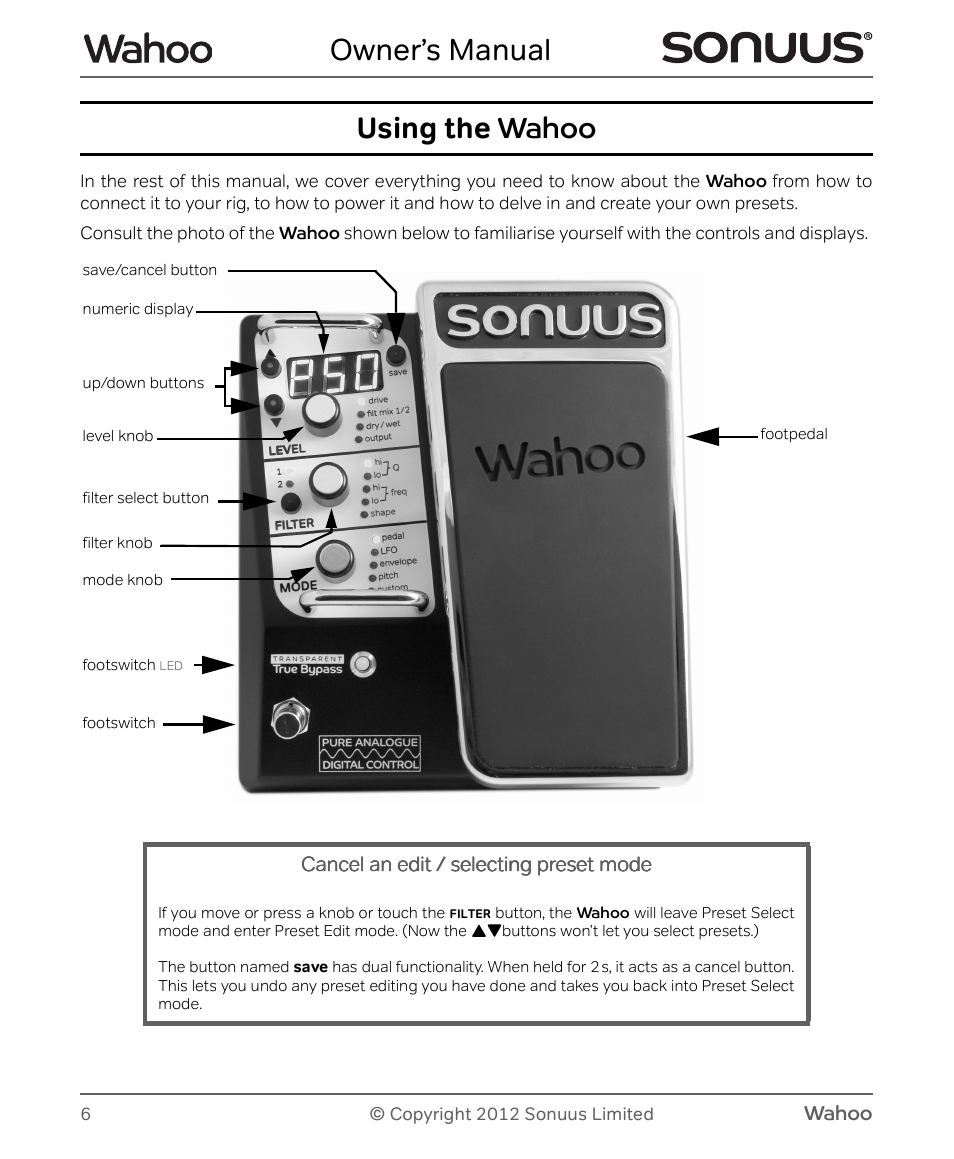 Owner’s manual, Using the wahoo, Wahoo | Cancel an edit / selecting preset mode | Peterson Sonuus Wahoo User Manual | Page 6 / 32