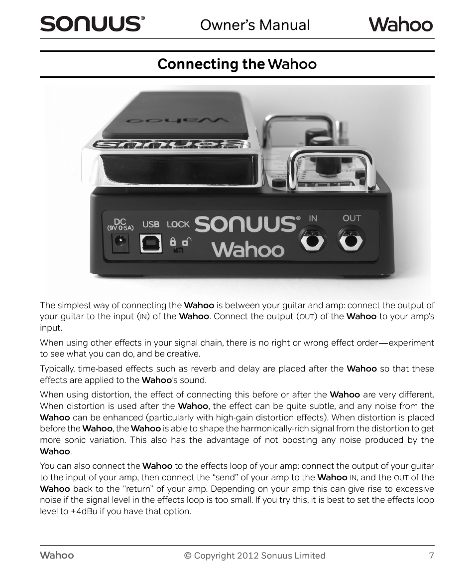 Owner’s manual, Connecting the, Wahoo | Peterson Sonuus Wahoo User Manual | Page 7 / 32