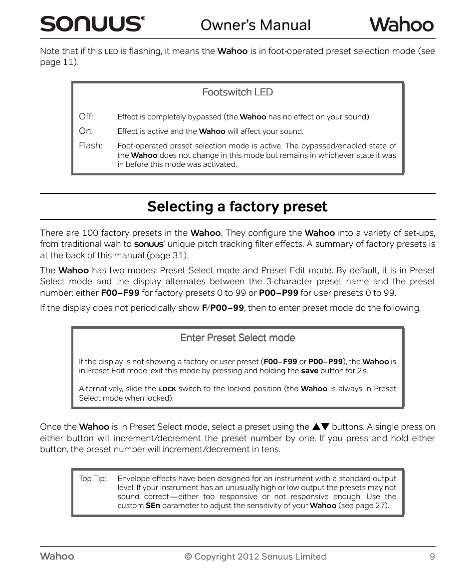 Owner’s manual, Selecting a factory preset | Peterson Sonuus Wahoo User Manual | Page 9 / 32