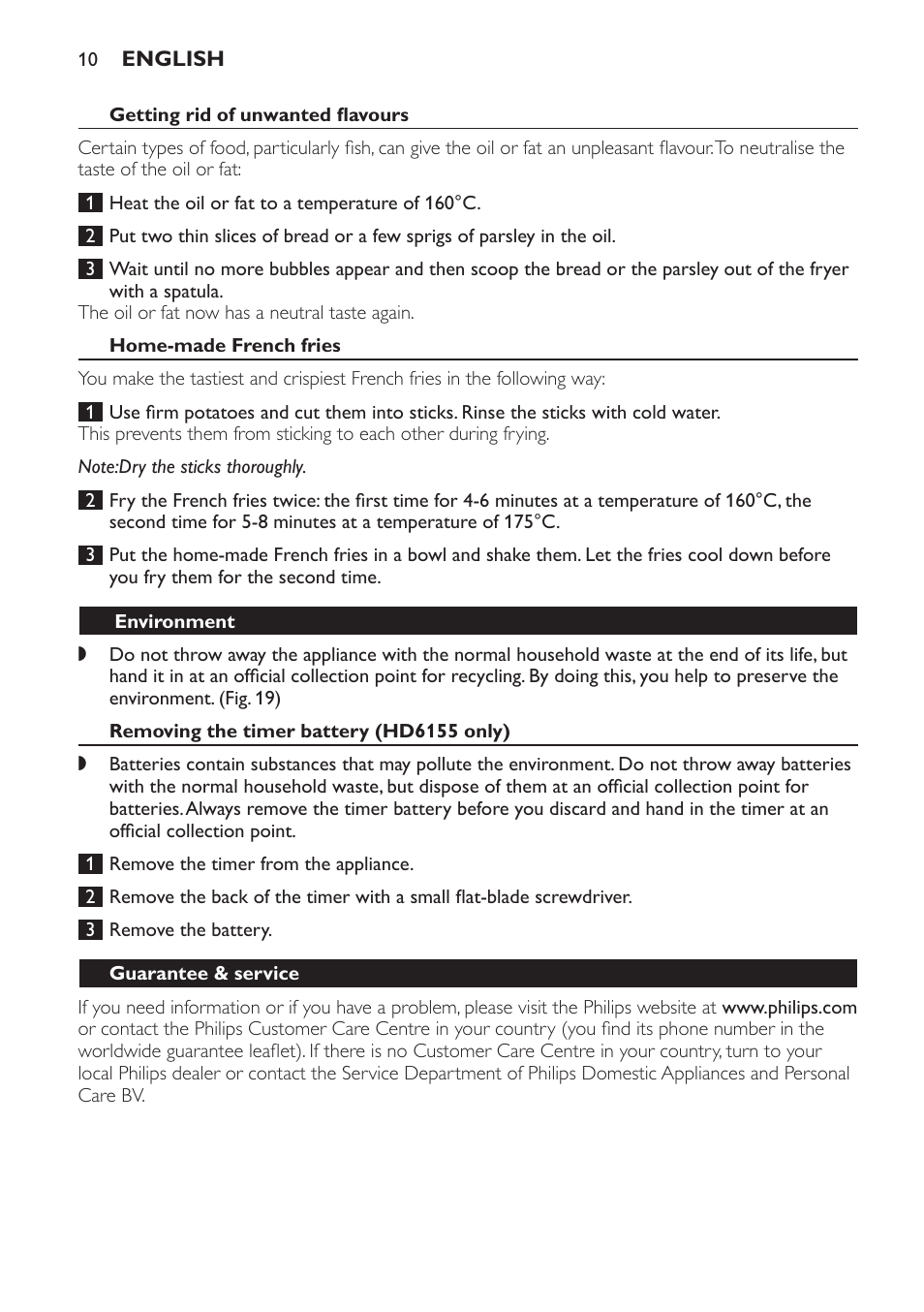 Getting rid of unwanted flavours, Home-made french fries, Environment | Removing the timer battery (hd6155 only), Guarantee & service | Philips HD6154 User Manual | Page 10 / 120