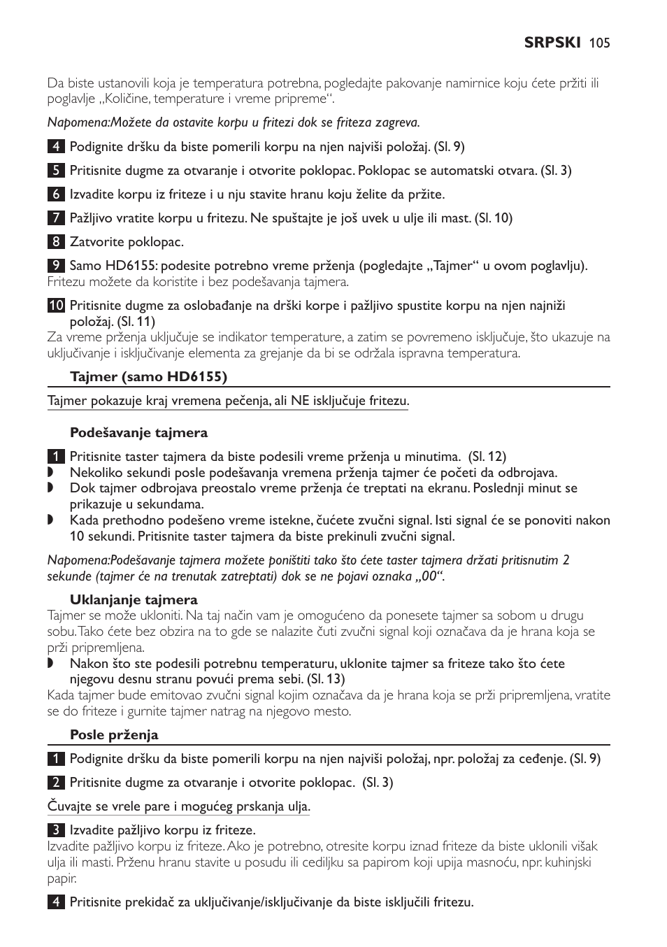 Tajmer (samo hd6155), Podešavanje tajmera, Uklanjanje tajmera | Posle prženja | Philips HD6154 User Manual | Page 105 / 120