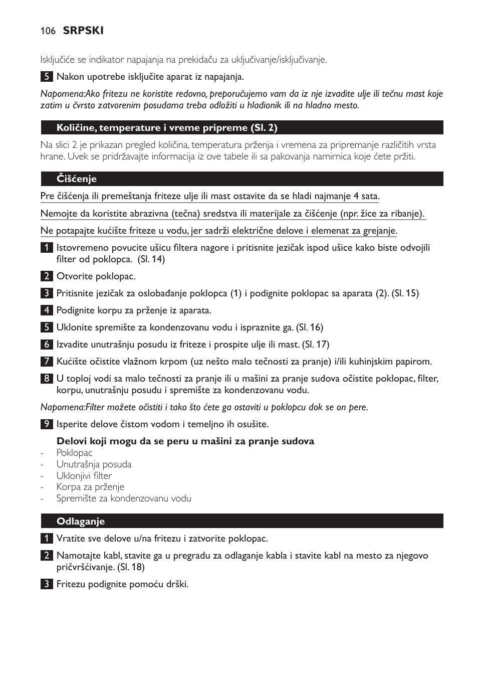 Količine, temperature i vreme pripreme﻿ (sl. 2), Čišćenje, Odlaganje | Saveti za prženje | Philips HD6154 User Manual | Page 106 / 120