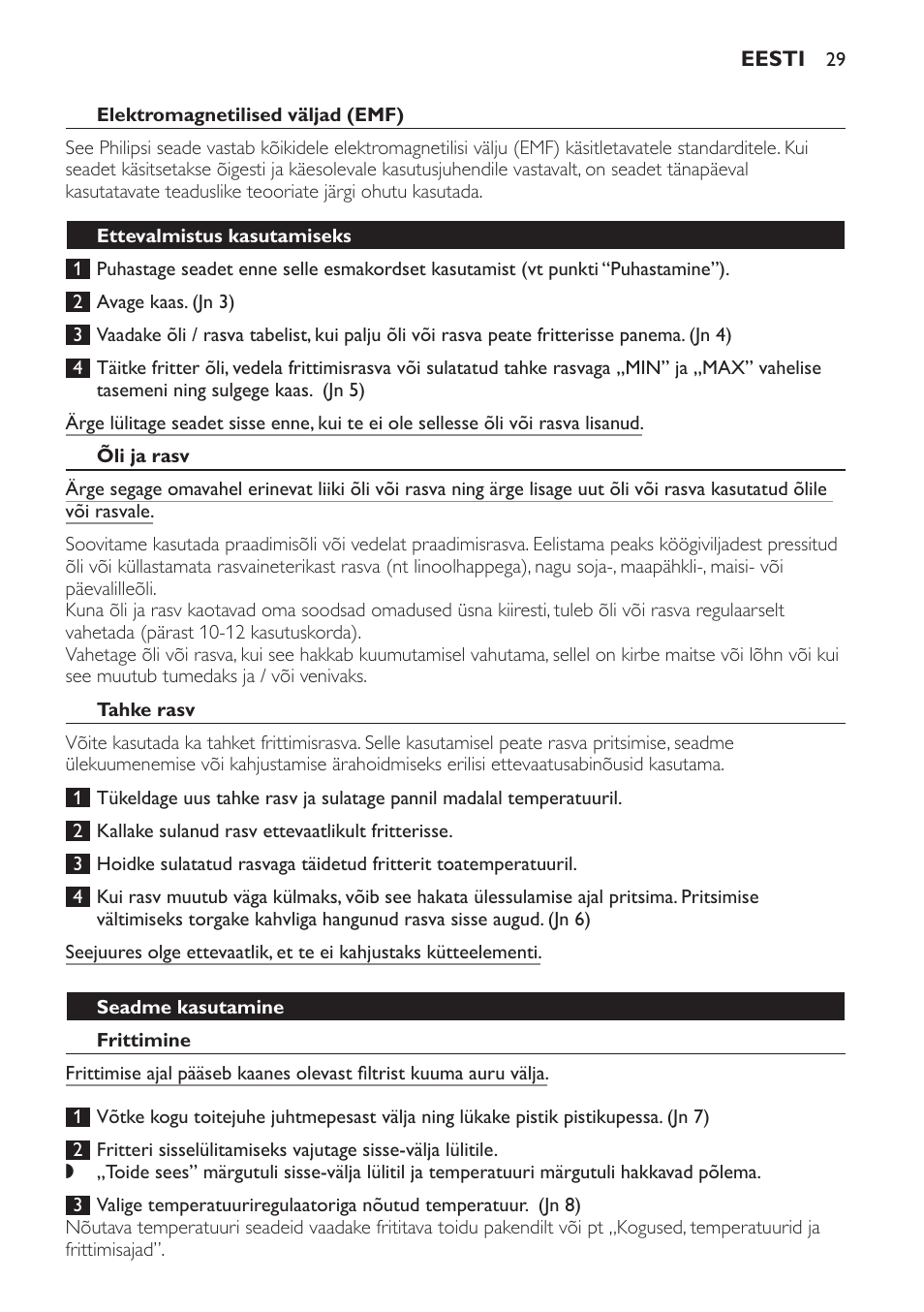 Elektromagnetilised väljad (emf), Ettevalmistus kasutamiseks, Õli ja rasv | Tahke rasv, Seadme kasutamine, Frittimine | Philips HD6154 User Manual | Page 29 / 120