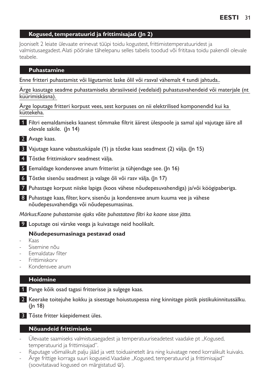 Nõudepesumasinaga pestavad osad, Kogused, temperatuurid ja frittimisajad﻿ (jn 2), Puhastamine | Hoidmine, Nõuandeid frittimiseks | Philips HD6154 User Manual | Page 31 / 120