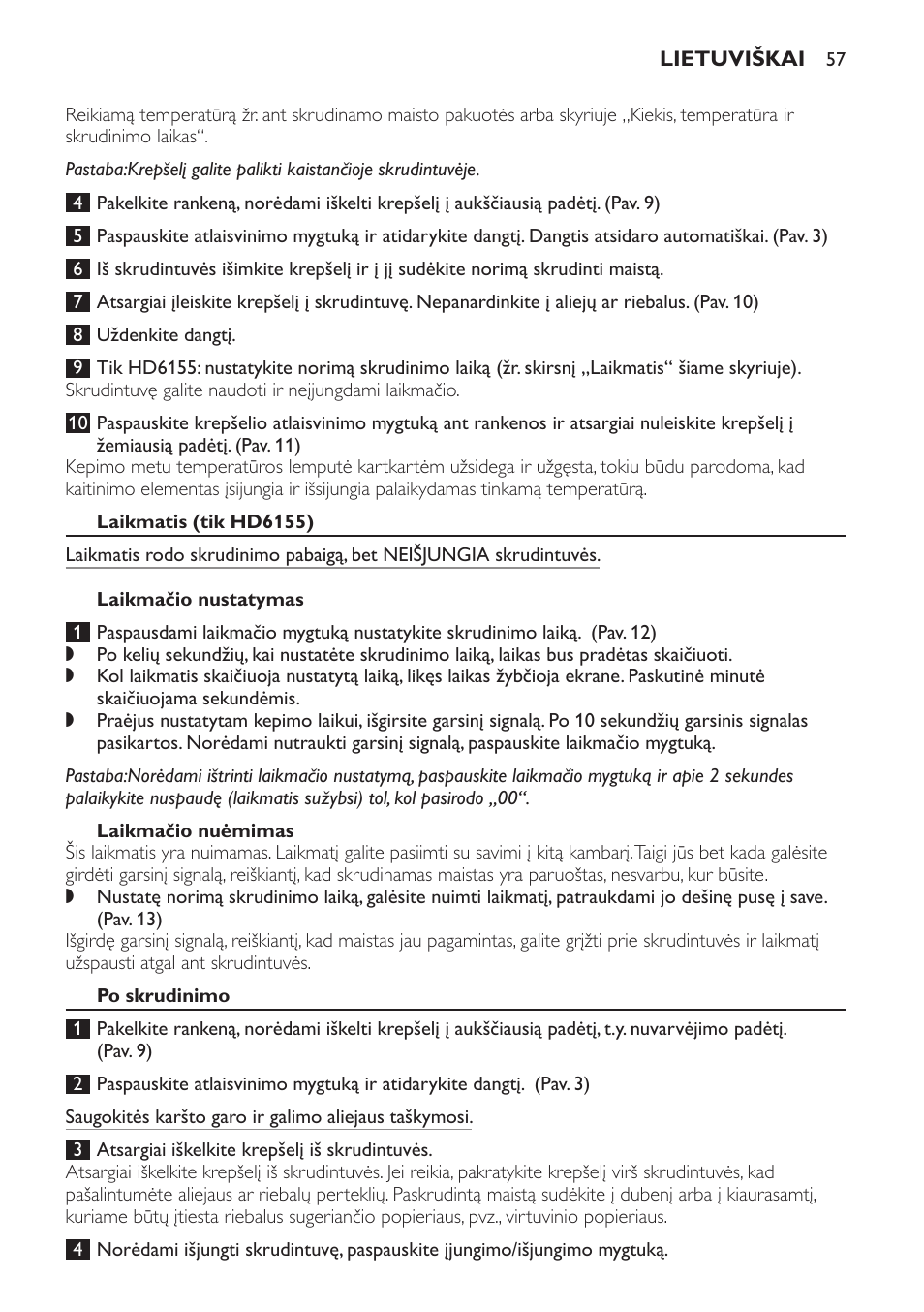 Laikmatis (tik hd6155), Laikmačio nustatymas, Laikmačio nuėmimas | Po skrudinimo | Philips HD6154 User Manual | Page 57 / 120