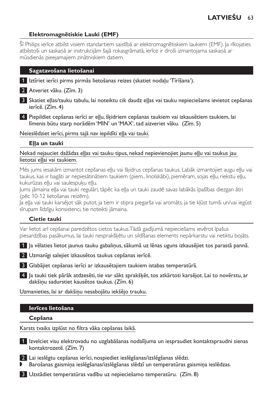 Elektromagnētiskie lauki (emf), Sagatavošana lietošanai, Eļļa un tauki | Cietie tauki, Ierīces lietošana, Cepšana | Philips HD6154 User Manual | Page 63 / 120