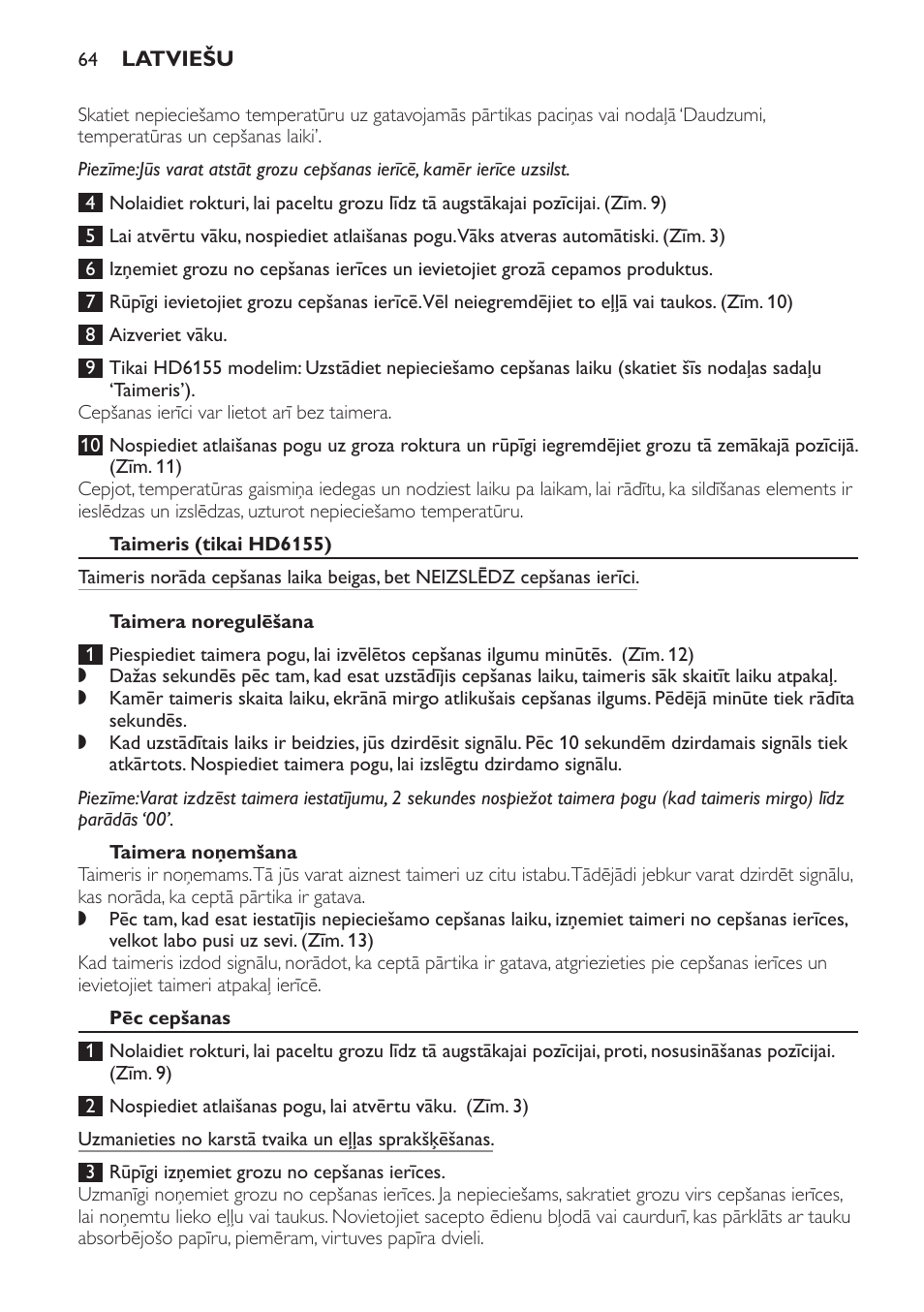 Taimeris (tikai hd6155), Taimera noregulēšana, Taimera noņemšana | Pēc cepšanas | Philips HD6154 User Manual | Page 64 / 120