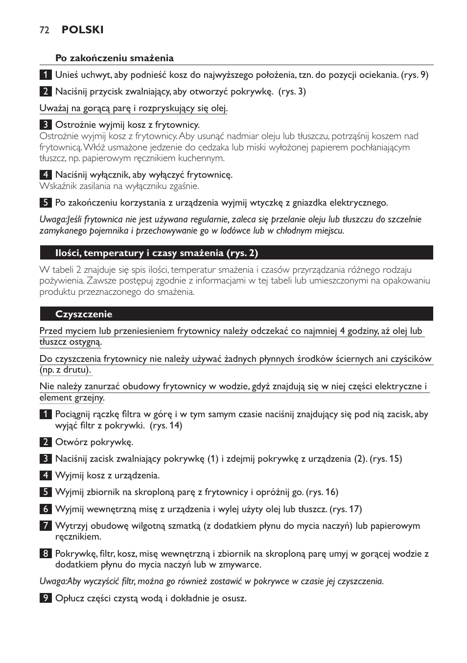 Części, które można myć w zmywarce, Ilości, temperatury i czasy smażenia﻿ (rys. 2), Czyszczenie | Philips HD6154 User Manual | Page 72 / 120