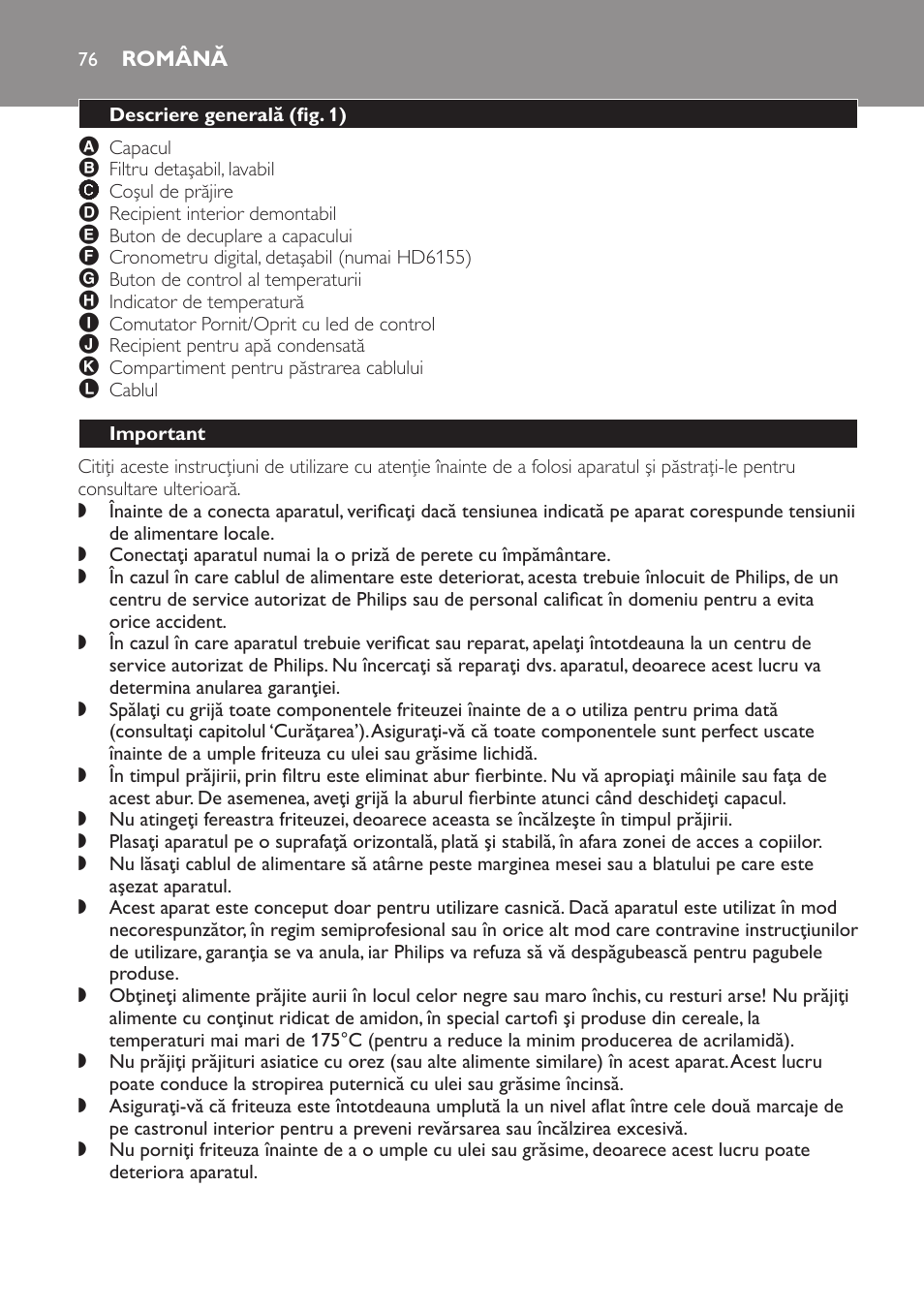 Română, Descriere generală﻿ (fig. 1), Important | Oprirea automată (numai hd6155) | Philips HD6154 User Manual | Page 76 / 120