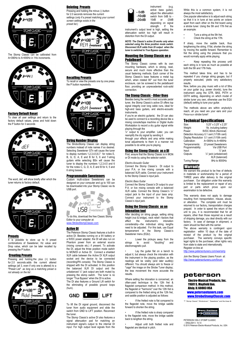 Peterson, Technical specifications, Warranty | Peterson StroboStomp Classic User Manual | Page 2 / 2