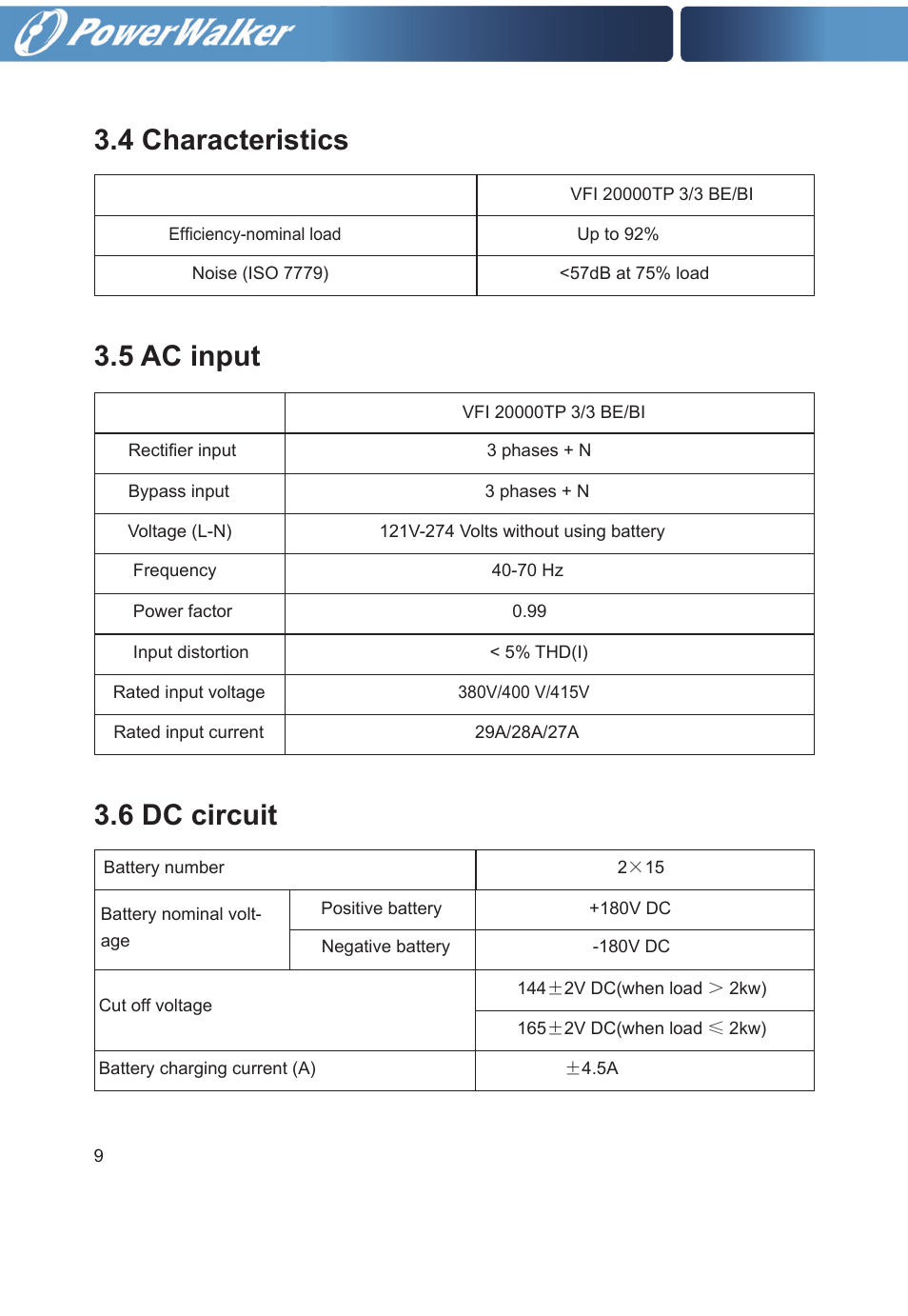 5 ac input 3.4 characteristics, 6 dc circuit | PowerWalker VFI 20000TP 3_3 BE User Manual | Page 14 / 60