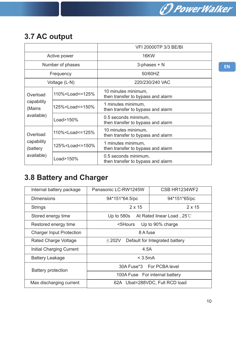 7 ac output 3.8 battery and charger | PowerWalker VFI 20000TP 3_3 BE User Manual | Page 15 / 60