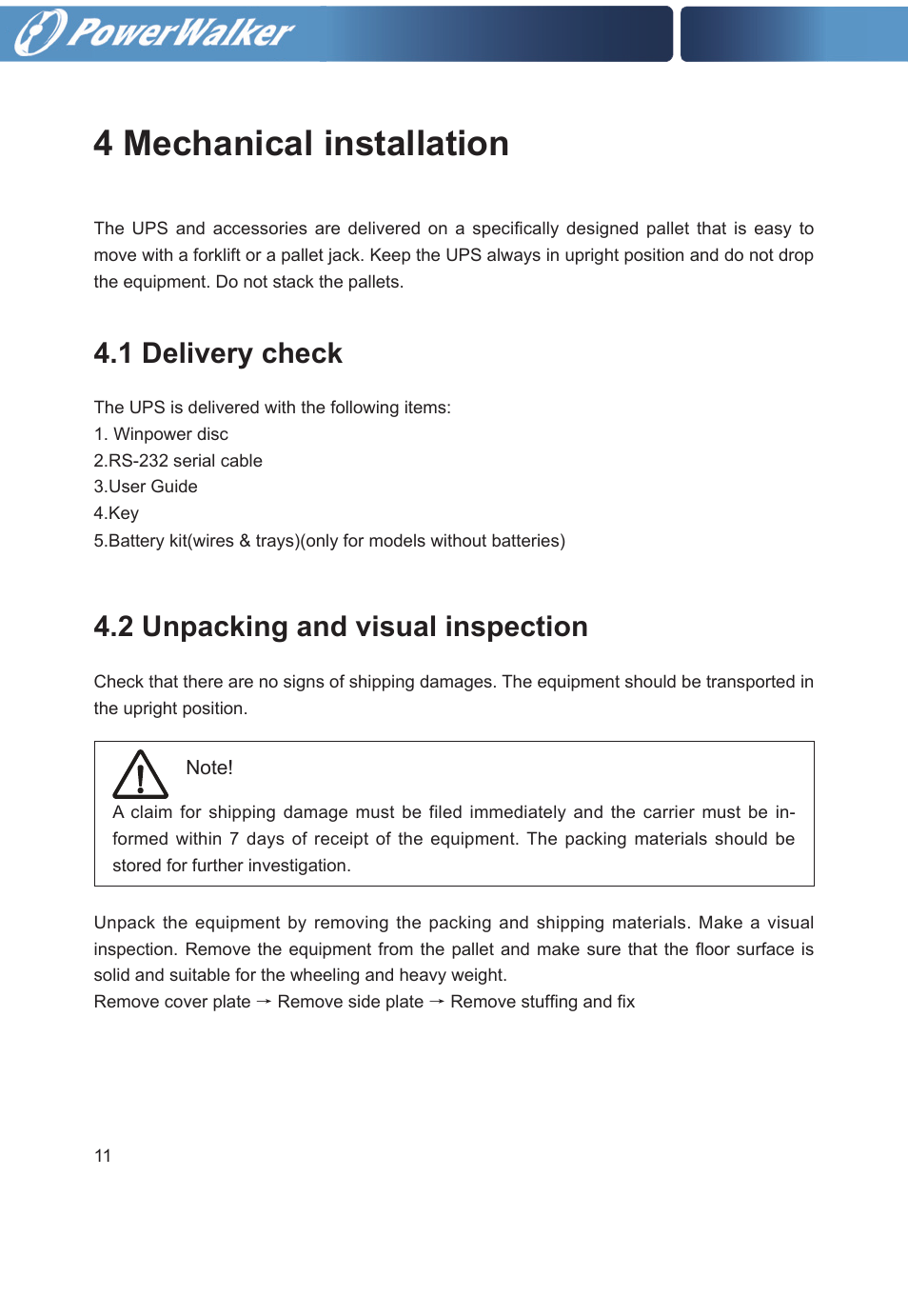 4 mechanical installation, 1 delivery check, 2 unpacking and visual inspection | PowerWalker VFI 20000TP 3_3 BE User Manual | Page 16 / 60
