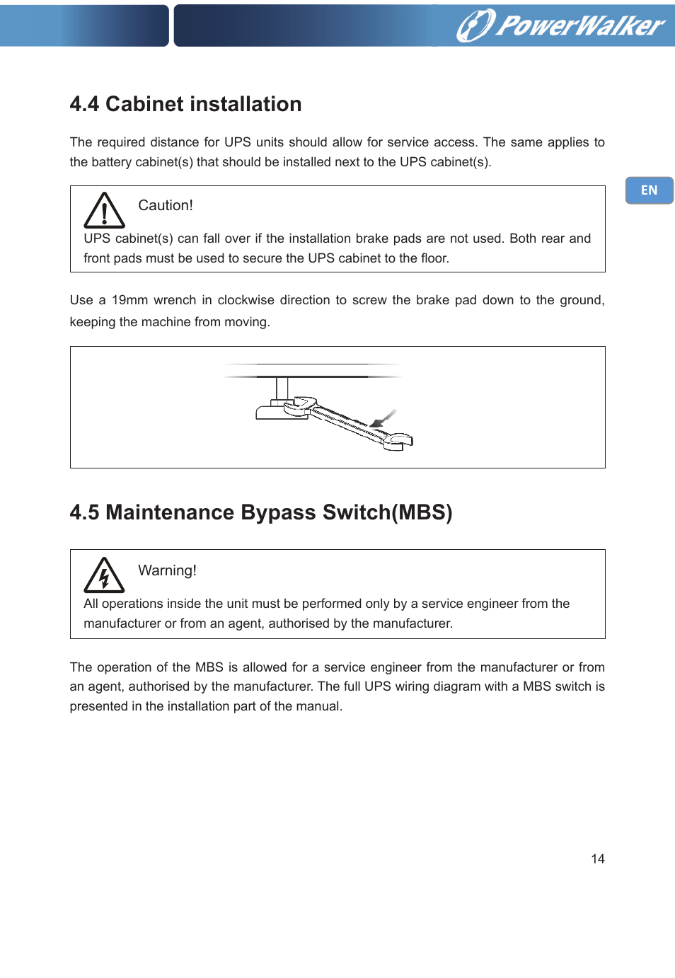5 maintenance bypass switch(mbs), 4 cabinet installation | PowerWalker VFI 20000TP 3_3 BE User Manual | Page 19 / 60