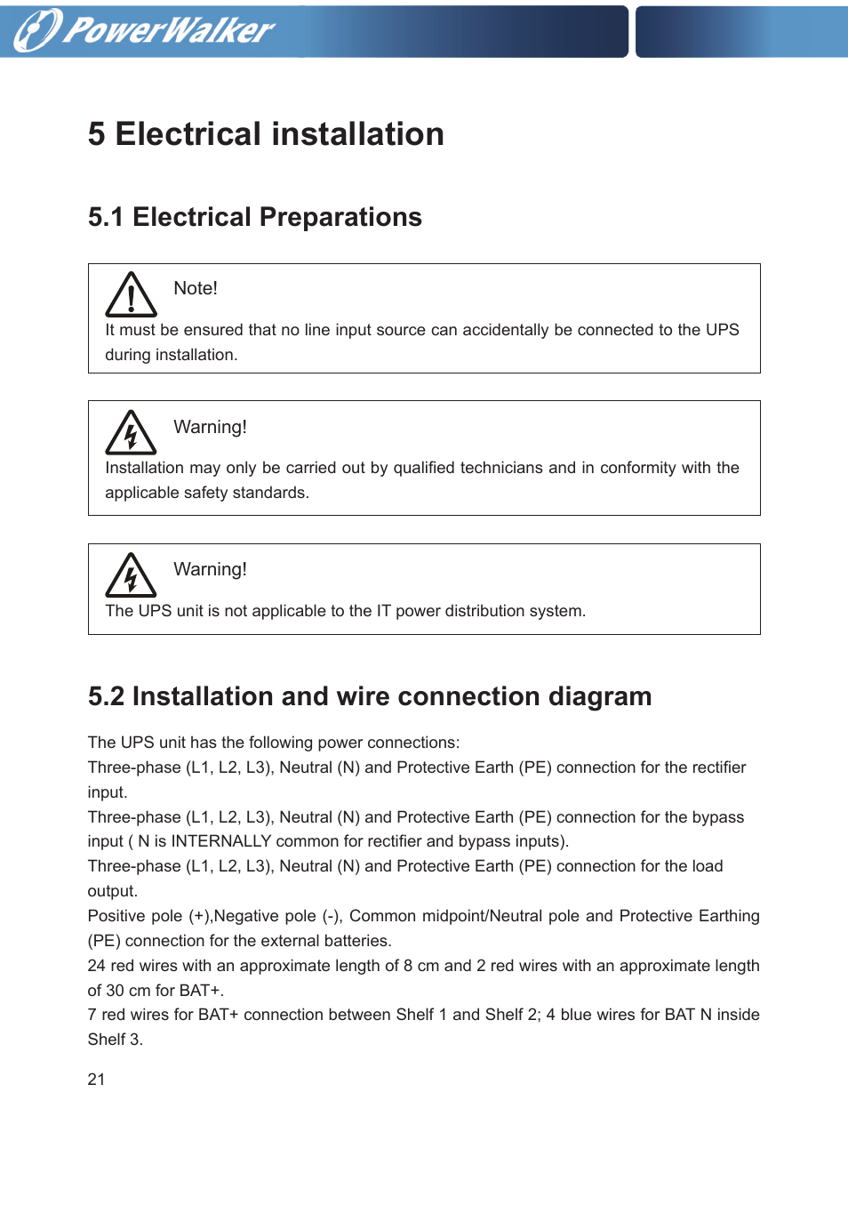 5 electrical installation, 1 electrical preparations, 2 installation and wire connection diagram | PowerWalker VFI 20000TP 3_3 BE User Manual | Page 26 / 60